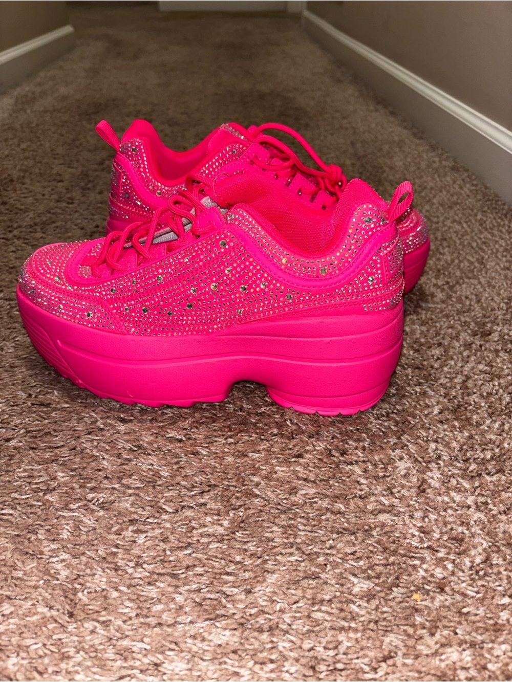 Neon Pink Rhinestone Platform Sneakers - Picture 6 of 6